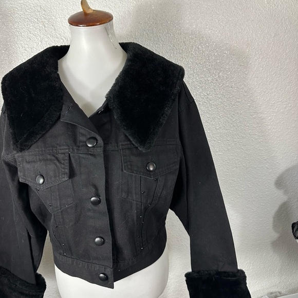 Tamorak Marie Black Denim Faux Fur Collar & Cuff Penny Lane Jacket Size Medium - Picture 3 of 5